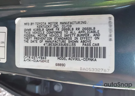 2003 Toyota Camry Le from USA, damaged, VIN 4T1BE32K33U691155